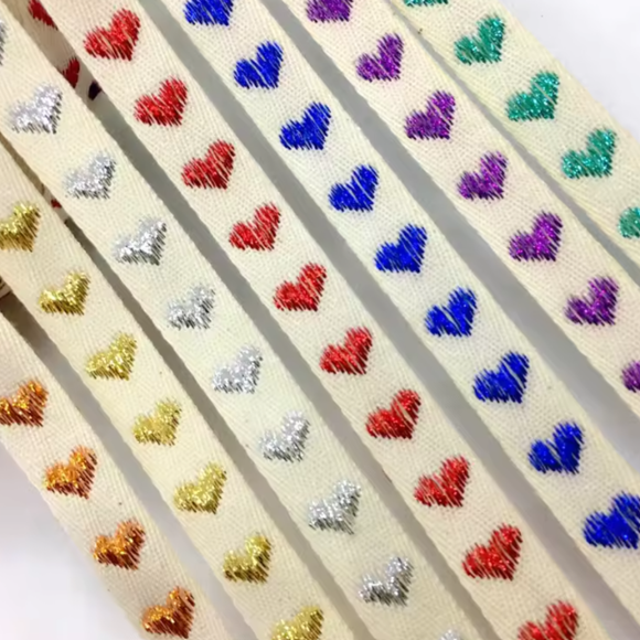 100% Cotton Twill Herringbone Heart Lurex Embroidered 16mm tape ribbon metallic